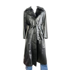 Foxmoor Black Leather Trench Coat Vintage Faux Collar Size 11/12 EUC